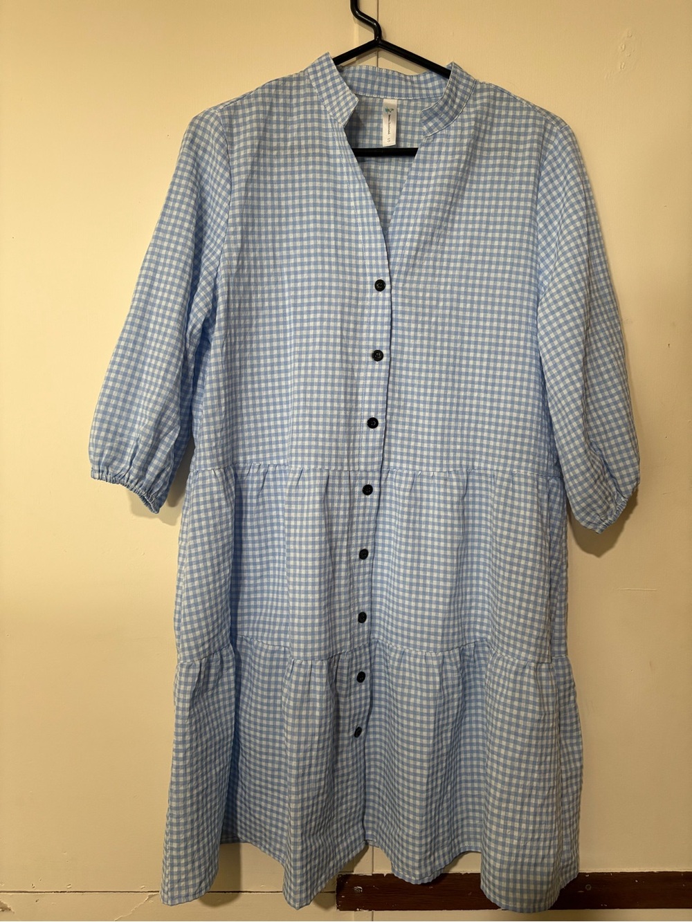 Light Blue Gingham Midi Dress with Buttons